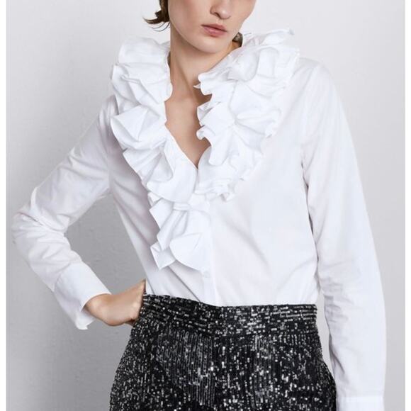 Zara ruffle collar top white SAM 845 button shirt long sleeve Academia retro - Picture 3 of 15